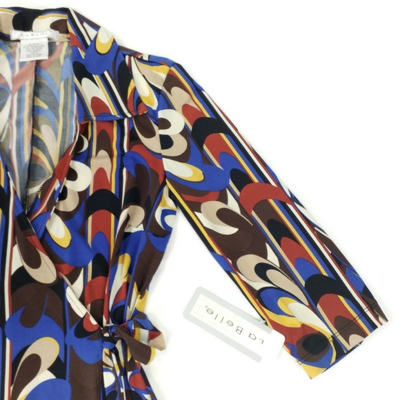 La Belle Multicolor Psychedelic Mod Print Half Sleeve Knit Wrap Dress Womens M - Picture 3 of 11